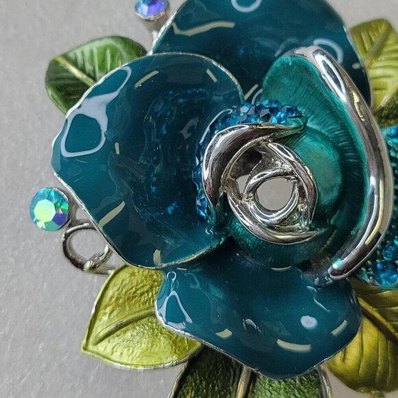 Blue Rose Enamelled Rhinestone Pendant and Brooch - Picture 4 of 10
